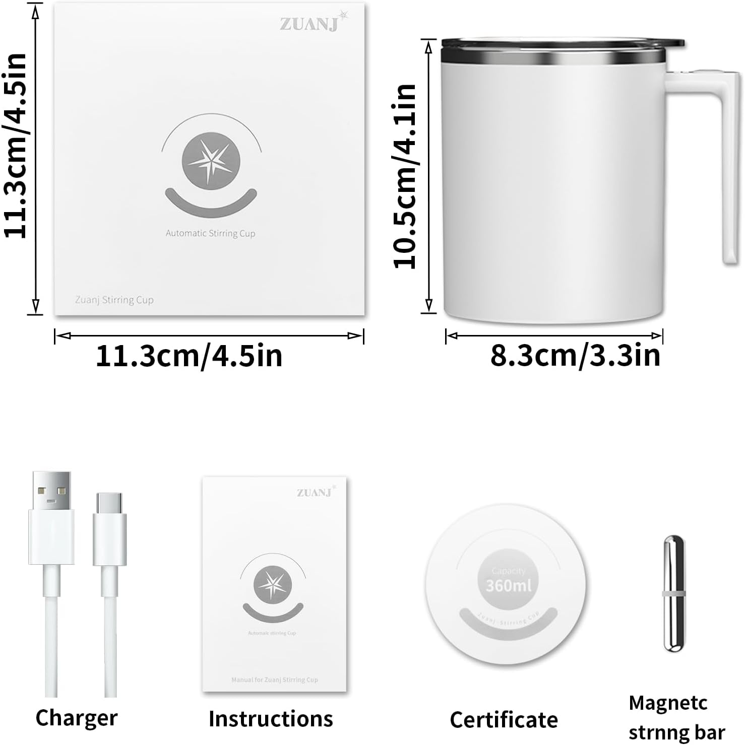 Electric Self-Stirring Coffee Mug 12.2 Oz with Magnetic Stirring Technology and Anti-Sedimentation Feature, Rechargeable Travel Cup for Coffee, Milk, and Hot Cocoa (White)